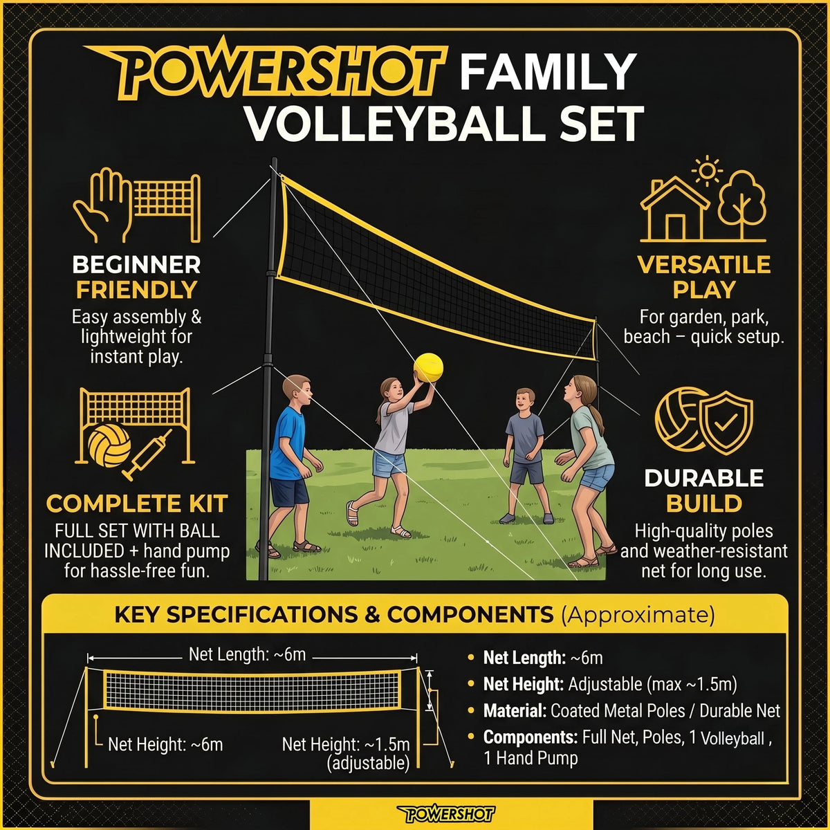 Set da pallavolo 6 m - Con pali, rete, palla e pompa