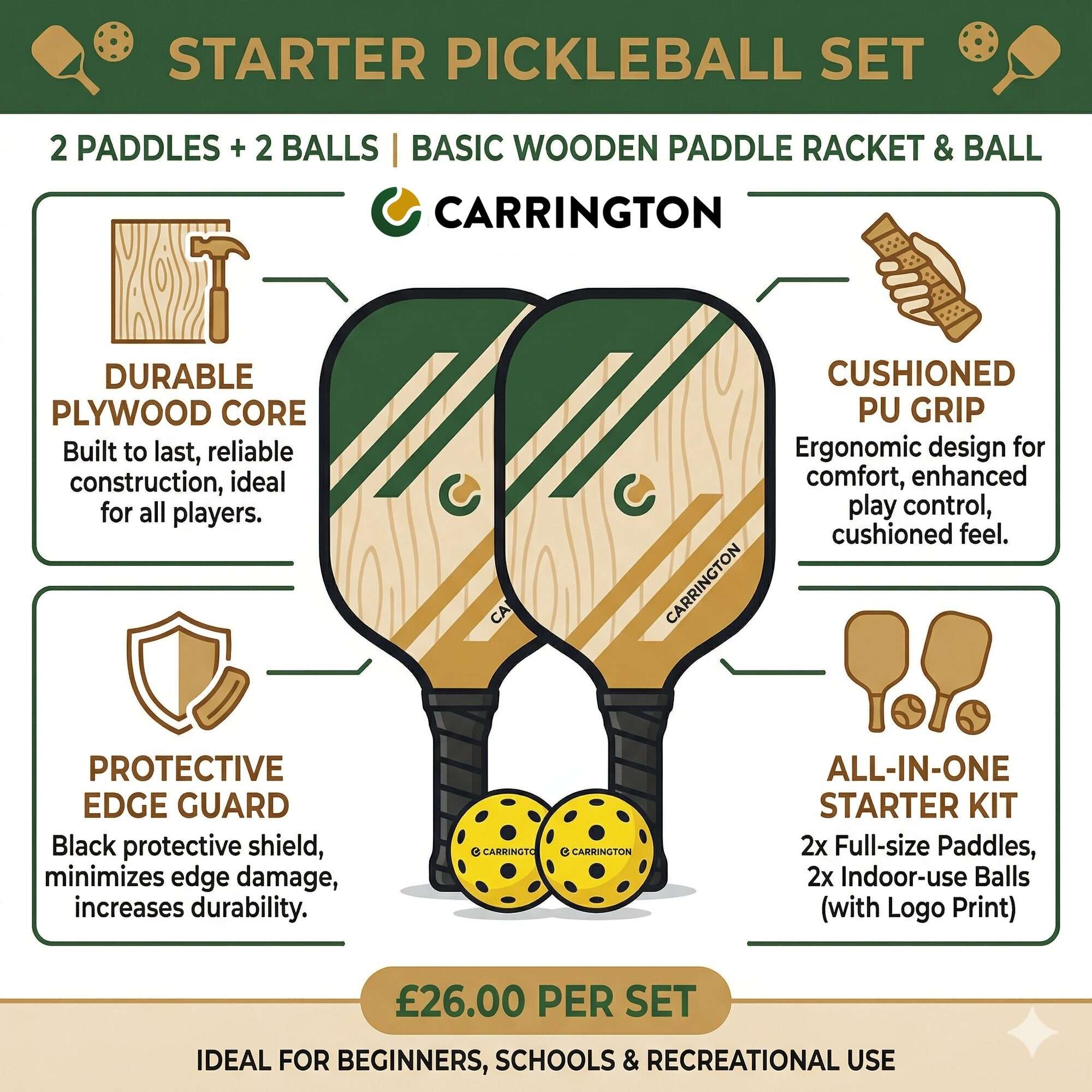 Image du produit : Pickleball - Racchetta e palla di legno (set di 2)